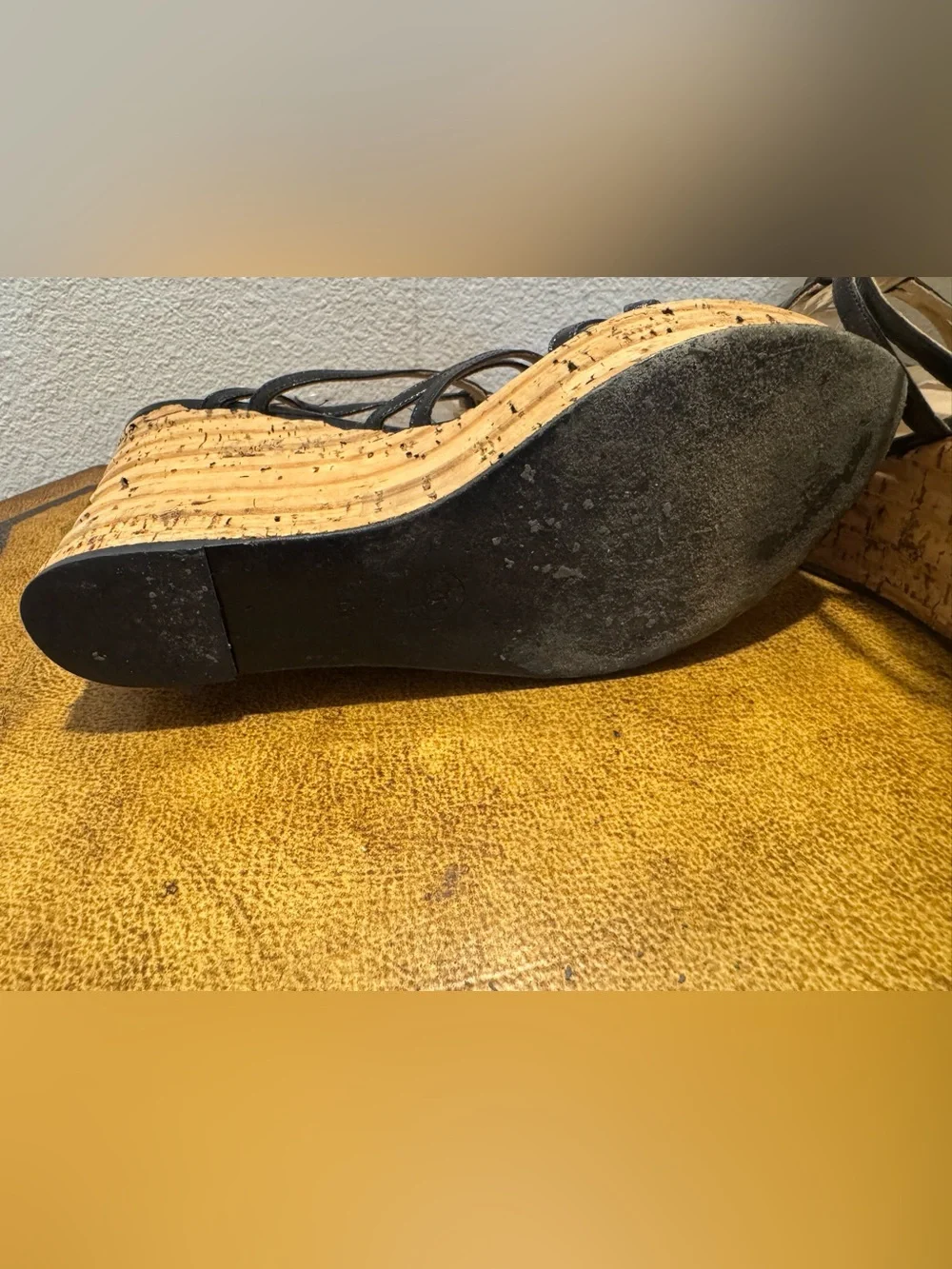 CHANEL Black Leather Strappy Cork Wedge Sandals Retail $1200